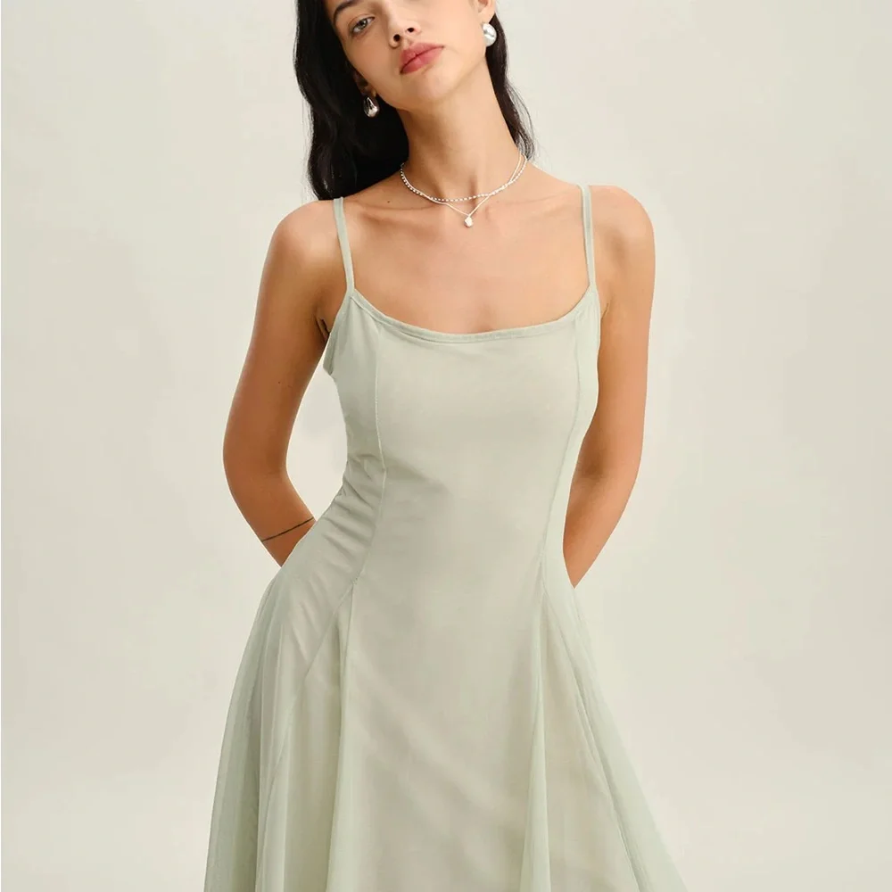 Green A-Line Slip Pleated Midi Dress - Picture 2 of 9